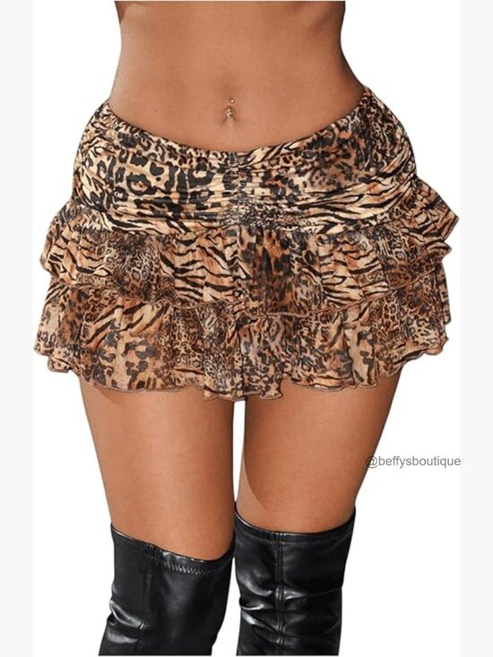 Dresses & Skirts - Leopard Print A-Line Mini Skirt with Ruffle Layers, Polyester Blend